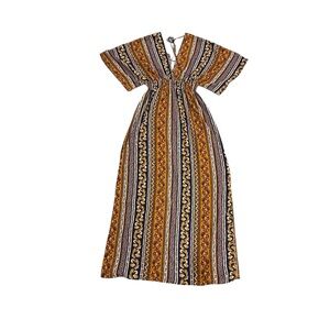 Plunge Maxi Dress Rue21 Brown and Orange Elastic Waist Slits Caftan Small